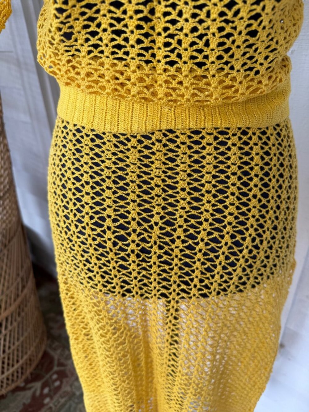 Vintage 1930s Mustard Yellow Cotton Crochet Tea Dress With Belt Size S - Picture 5 of 16